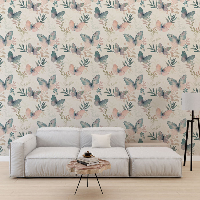 Un salon lumineux avec un papier peint floral représentant des papillons aux teintes pastel et des feuillages délicats, créant une ambiance douce et naturelle.
