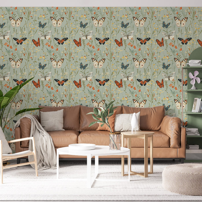 Une pièce de salon avec un papier peint floral aux motifs de papillons et de fleurs colorées sur fond vert, dégageant une atmosphère fraîche et naturelle.