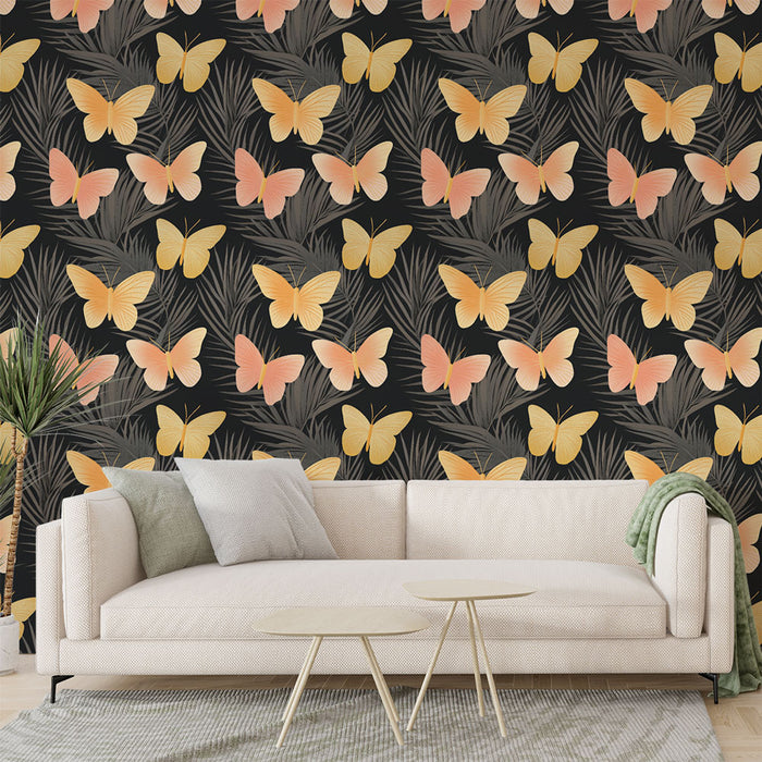Un salon moderne avec un papier peint floral représentant des papillons aux teintes douces sur un fond noir, créant une ambiance élégante et dynamique.
