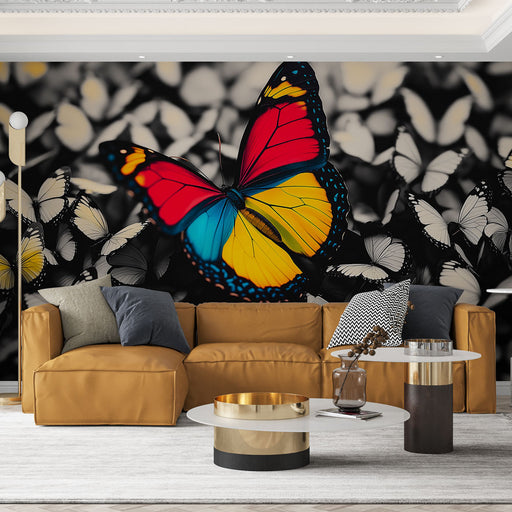 Papier peint papillons colorés sur fond noir et blanc éclatant pour salon moderne