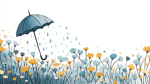 Papier peint parapluie floral Parapluie bleu au milieu de fleurs jaunes et bleues sous une pluie délicate