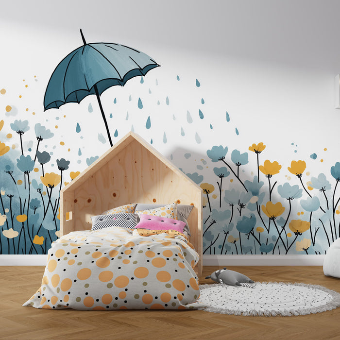 Une chambre enfantine avec un papier peint illustrant des fleurs colorées et un parapluie, créant une ambiance joyeuse et ludique.