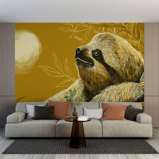 Un salon moderne avec un papier peint illustrant un paresseux sur fond jaune, créant une ambiance chaleureuse et ludique.