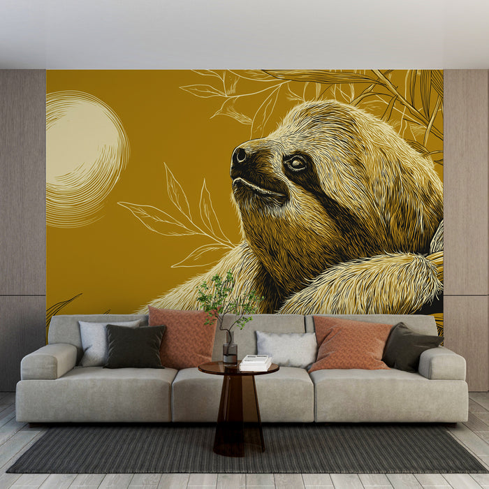 Un salon moderne avec un papier peint illustrant un paresseux sur fond jaune, créant une ambiance chaleureuse et ludique.