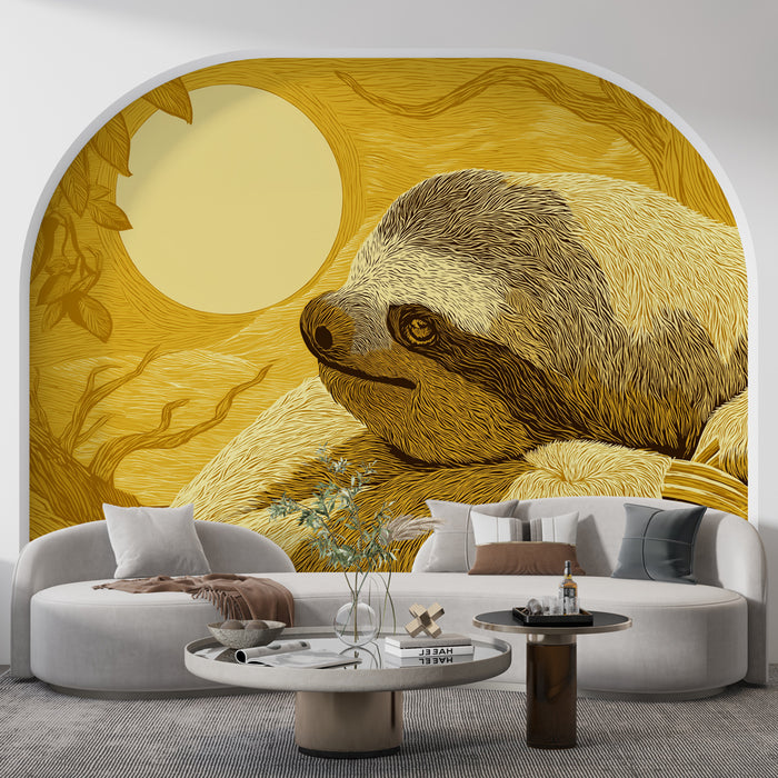 Une pièce de vie moderne avec un papier peint illustrant un paresseux sur fond jaune, créant une atmosphère chaleureuse et ludique.