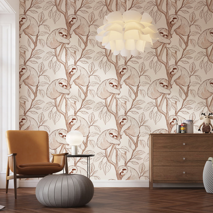 Une chambre accueillante avec un papier peint illustrant des paresseux sur des branches, dans des tons bruns et crème, créant une atmosphère ludique et chaleureuse.