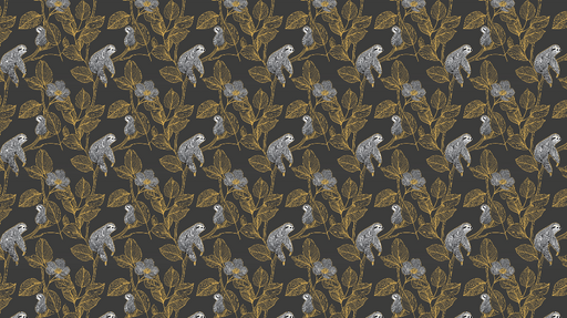 Papier peint paresseux Motif ludique de paresseux et feuillage doré sur fond sombre