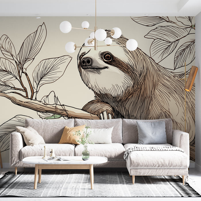 Un salon moderne avec un papier peint illustrant un paresseux stylisé sur fond beige, créant une atmosphère chaleureuse et ludique.