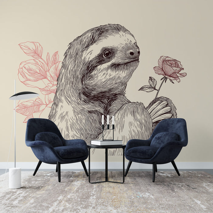Une pièce moderne avec un papier peint illustrant un paresseux délicat tenant une rose, entouré de motifs floraux, créant une ambiance ludique et chaleureuse.