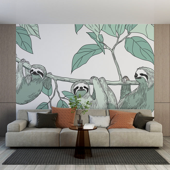 Un salon moderne avec un papier peint illustré représentant des paresseux suspendus à une branche, créant une ambiance ludique et apaisante.