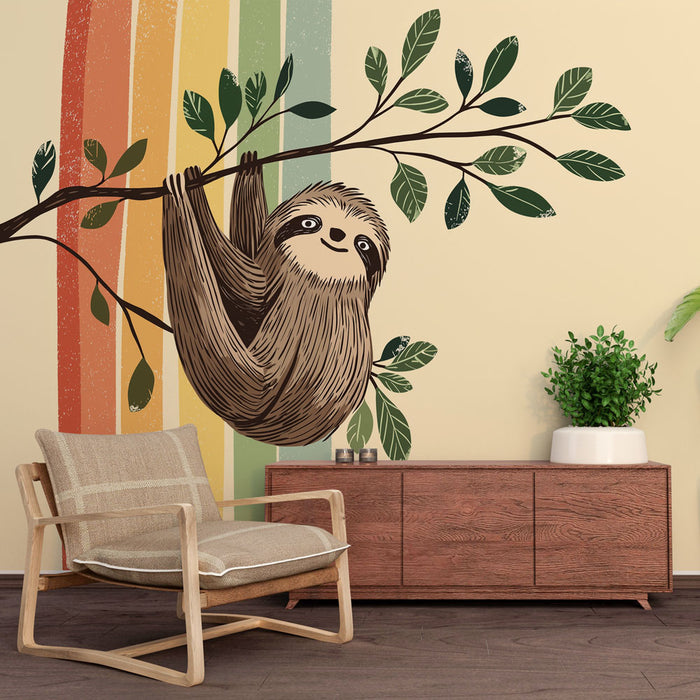 Une chambre moderne avec un papier peint illustrant un paresseux suspendu à une branche, entouré de feuilles et de bandes colorées évoquant une ambiance ludique et chaleureuse.