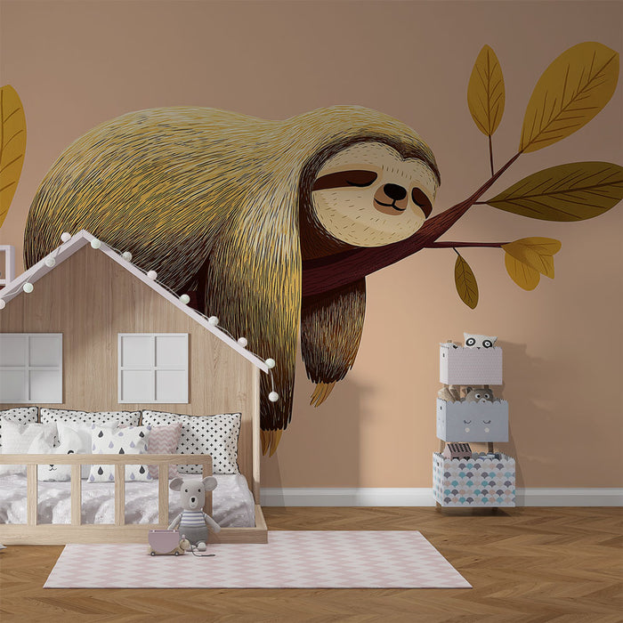 Une chambre d'enfant avec un papier peint illustrant un paresseux joyeux sur une branche, créant une ambiance ludique et chaleureuse.