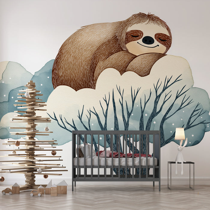 Une chambre d'enfant avec un papier peint illustrant un paresseux joyeux sur des nuages pastel, créant une atmosphère ludique et apaisante.