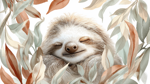 Papier peint paresseux Un paresseux heureux entouré de feuilles délicates