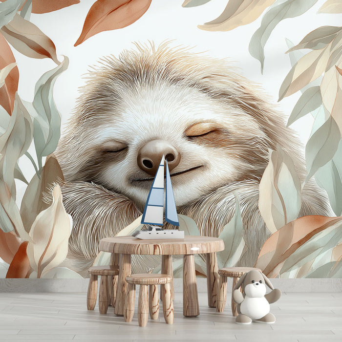 Une chambre d'enfant avec un papier peint illustrant un paresseux souriant entouré de feuilles aux teintes douces, créant une ambiance chaleureuse et apaisante.