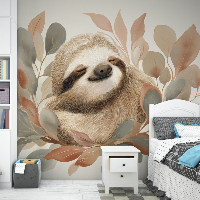 Une chambre accueillante avec un papier peint illustrant un paresseux souriant entouré de feuilles aux teintes douces, créant une atmosphère apaisante et ludique.