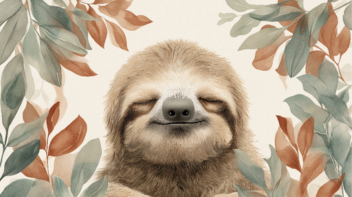 Papier peint paresseux Un paresseux souriant entouré de feuilles délicates