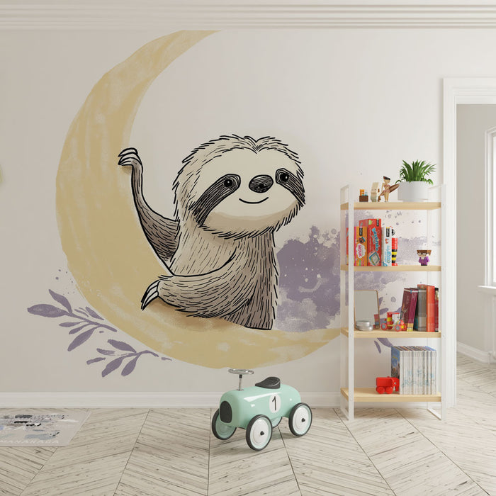 Une chambre d'enfant avec un papier peint illustrant un paresseux souriant sur un fond de lune dorée et des touches de couleurs pastel, créant une ambiance ludique et douce.