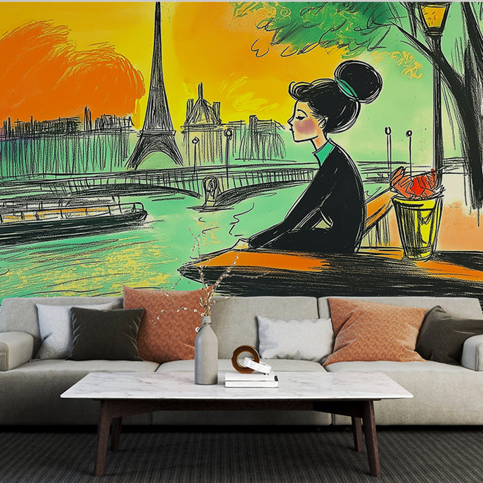 Papier peint Paris avec femme contemplant la Seine et la Tour Eiffel en arrière-plan pour salon moderne.