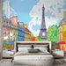 Papier peint Paris coloré avec illustration de la Tour Eiffel et rues parisiennes pour chambre moderne