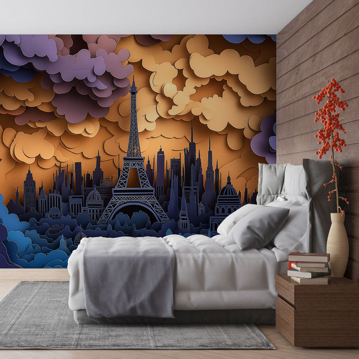 Papier peint Paris avec silhouette de la Tour Eiffel et paysage coloré en papier découpé pour chambre moderne.