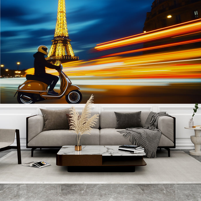 Papier peint Paris la nuit avec la Tour Eiffel et un scooter pour salon moderne et dynamique