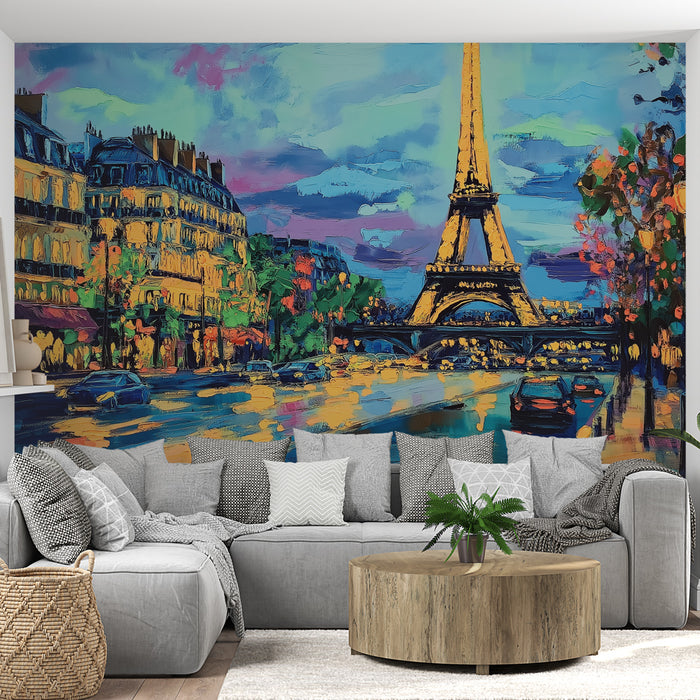 Papier peint Paris nocturne avec la Tour Eiffel illuminée pour salon moderne et élégant