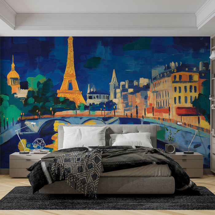 Papier peint artistique Paris nocturne avec vue de la Tour Eiffel pour chambre moderne
