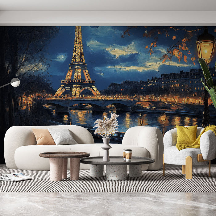 Papier peint Paris nocturne avec vue artistique de la Tour Eiffel au crépuscule pour salon élégant