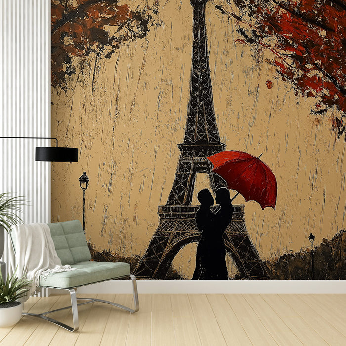 Papier peint romantique Paris avec couple sous parapluie rouge et Tour Eiffel pour décoration murale élégante.