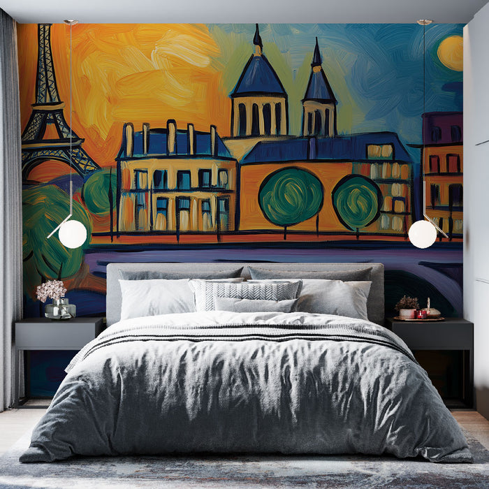 Papier peint Paris scène colorée avec Tour Eiffel et bâtiments au coucher de soleil pour chambre moderne