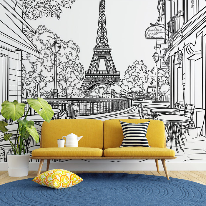 Papier peint Paris scène de café avec la Tour Eiffel en arrière-plan pour salon moderne