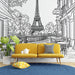 Papier peint Paris scène de café avec la Tour Eiffel en arrière-plan pour salon moderne
