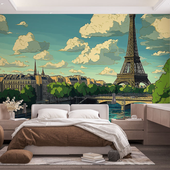 Papier peint panoramique Paris avec scène emblématique de la Tour Eiffel et des quais de Seine pour décoration de chambre moderne.