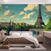 Papier peint panoramique Paris avec scène emblématique de la Tour Eiffel et des quais de Seine pour décoration de chambre moderne.