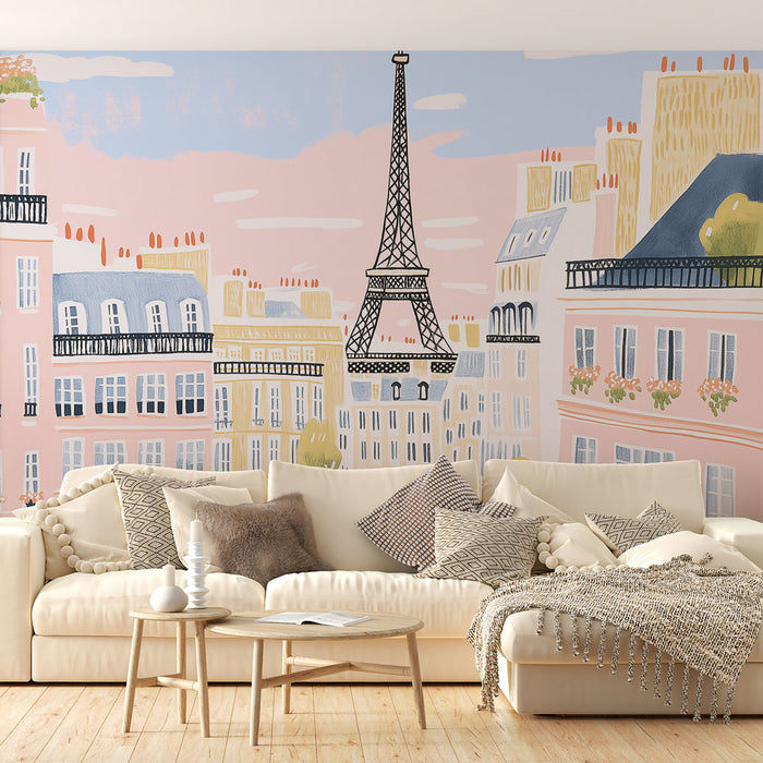 Papier peint romantique Paris avec scène de la Tour Eiffel pour salon élégant
