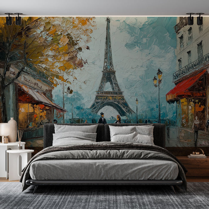 Papier peint scène urbaine stylisée de Paris avec la Tour Eiffel pour décoration de chambre moderne