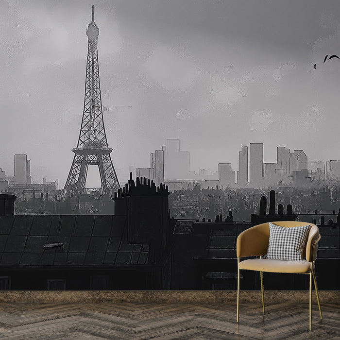 Papier peint panoramique Paris avec silhouettes de la ville et Tour Eiffel pour décoration murale élégante