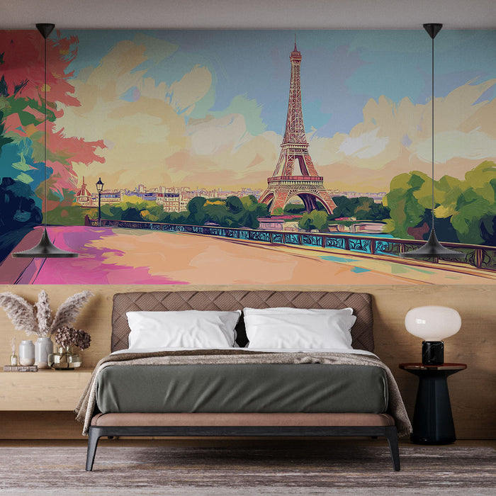 Papier peint artistique Paris avec vue de la Tour Eiffel au crépuscule pour chambre moderne.