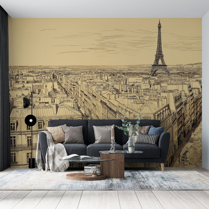 Papier peint artistique de Paris avec vue sur la Tour Eiffel pour salon moderne.