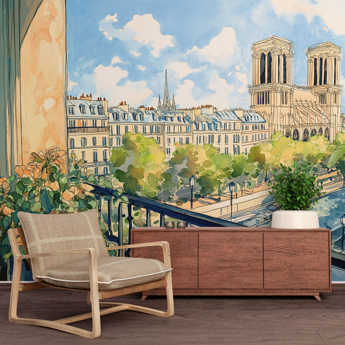Papier peint Paris avec vue sur Notre-Dame depuis un balcon fleuri pour salon élégant