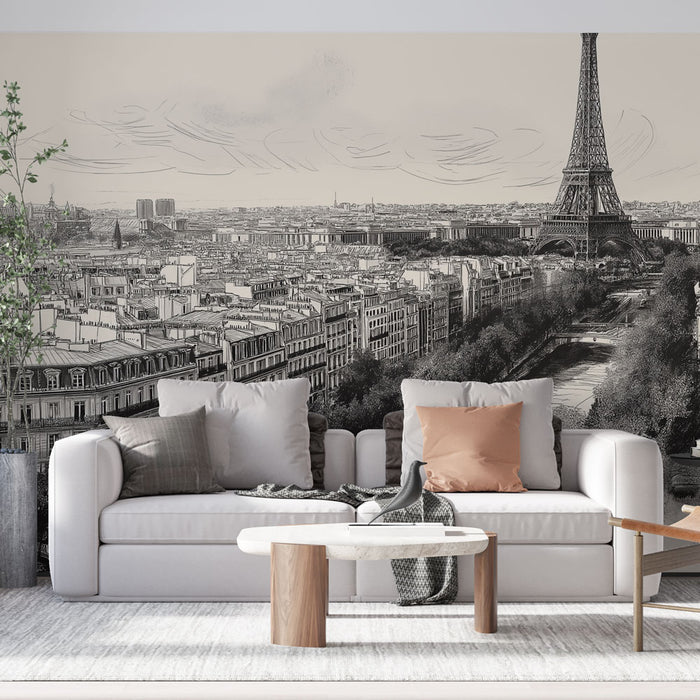 Papier peint panoramique Paris avec vue artistique de la ville lumière pour salon élégant