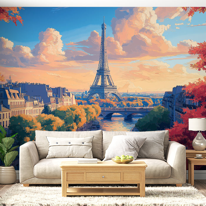 Papier peint panoramique Paris avec vue romantique de la Tour Eiffel au crépuscule pour salon élégant.