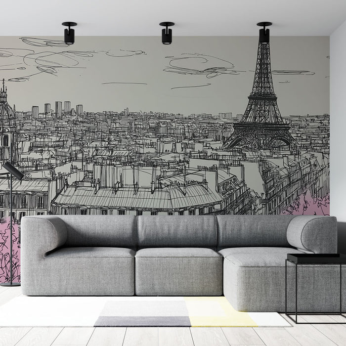Papier peint panoramique Paris avec vue stylisée de la Tour Eiffel et cerisiers en fleurs pour salon moderne.