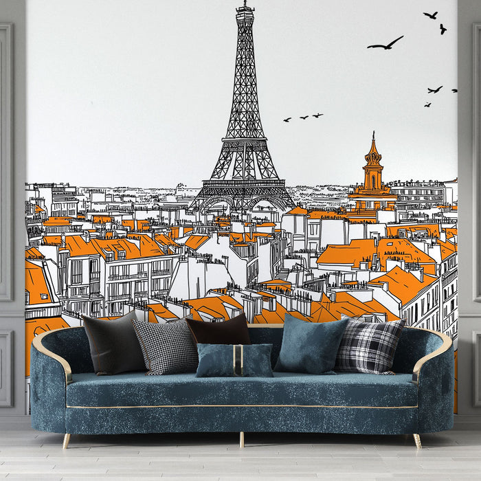 Papier peint panoramique stylisé des toits de Paris avec la Tour Eiffel pour salon moderne