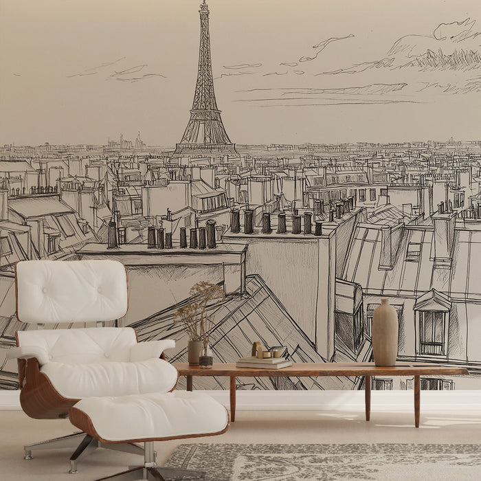 Papier peint panoramique avec vue stylisée des toits parisiens et la Tour Eiffel pour salon élégant.