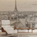 Papier peint panoramique avec vue stylisée des toits parisiens et la Tour Eiffel pour salon élégant.