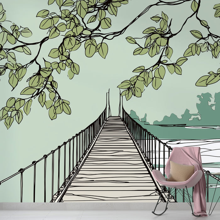 Une chambre moderne avec un papier peint illustrant un pont suspendu stylisé, entouré de feuilles vertes sur un fond apaisant et pastel.