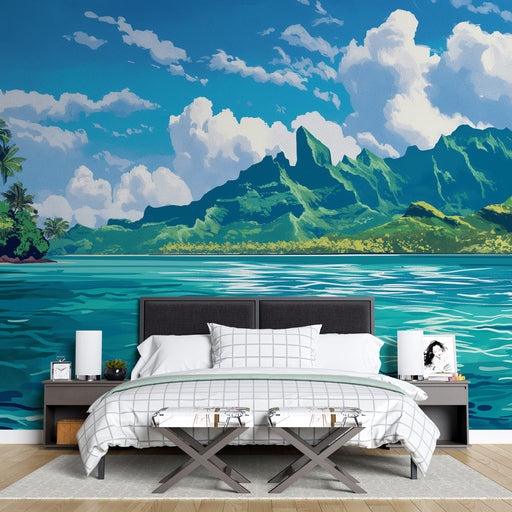 Une chambre moderne avec un papier peint représentant un paysage tropical vibrant, mêlant montagnes verdoyantes et mer turquoise sous un ciel ensoleillé, créant une atmosphère apaisante et estivale.