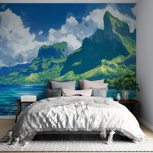 Une chambre apaisante avec un papier peint représentant des montagnes verdoyantes sous un ciel bleu, créant une atmosphère relaxante et naturelle.
